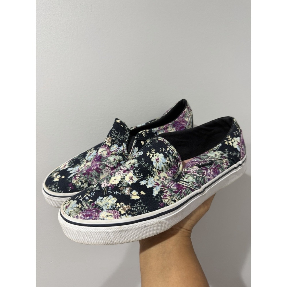 Vans Asher Floral Slip Ons Black W/ Pink Tapestry Flowers Womens Size 10 F